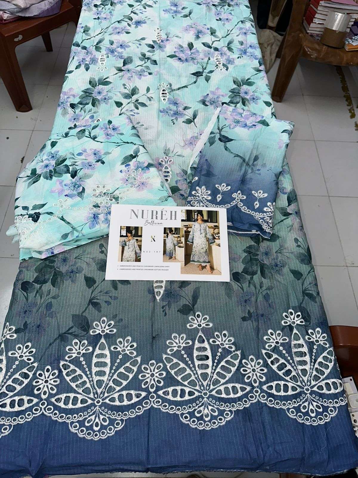 BALLERINA PRINTED CHIKANKARI LAWN COLLECTION BY NUREH-12