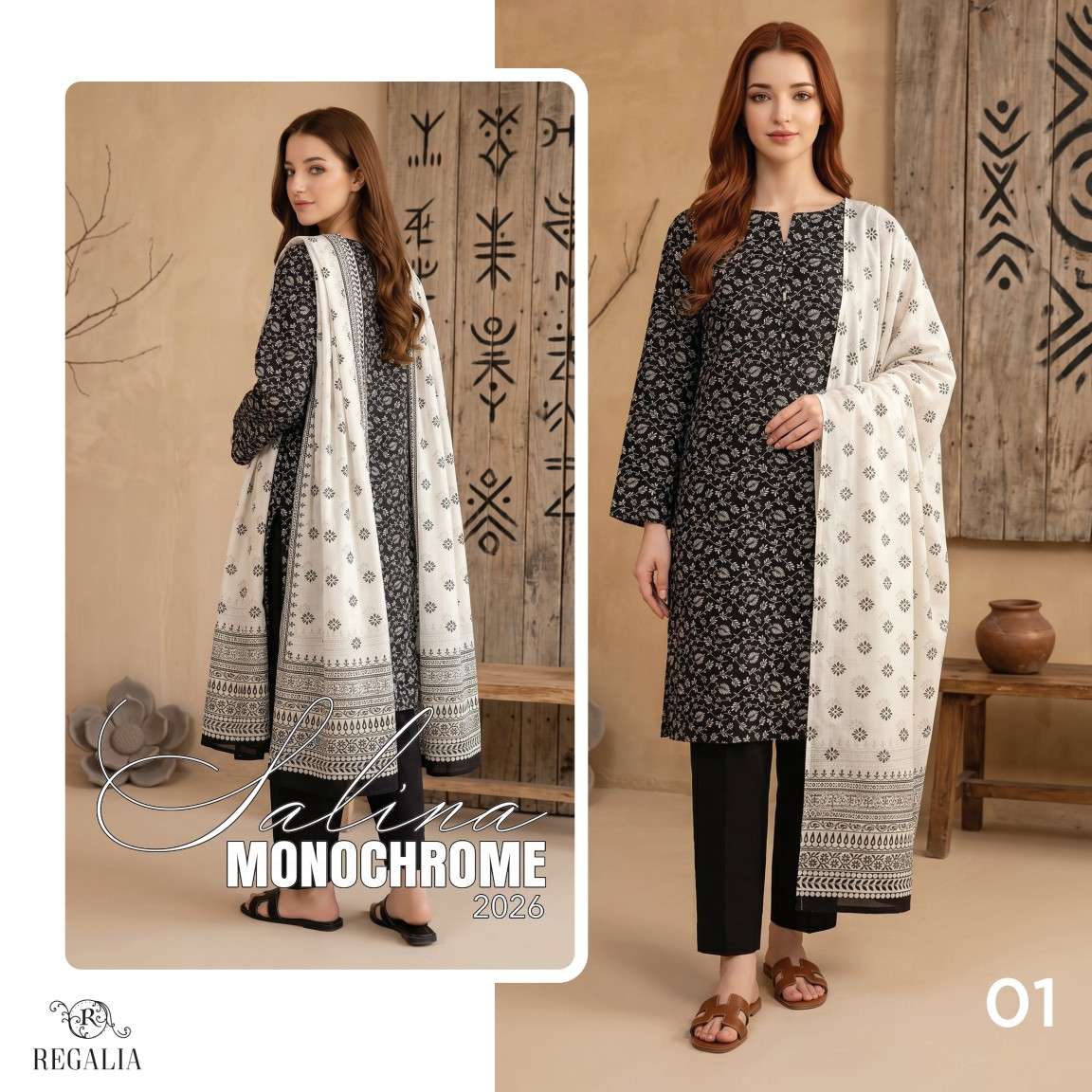 SALINA MONOCHROME BLACK & WHITE PRINTED LAWN COLLECTION 2026 MODEL PIC BY REGALIA TEXTILES - 01