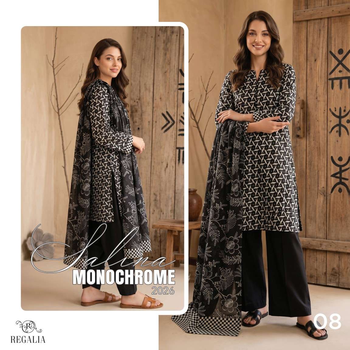 SALINA MONOCHROME BLACK & WHITE PRINTED LAWN COLLECTION 2026 MODEL PIC BY REGALIA TEXTILES - 08