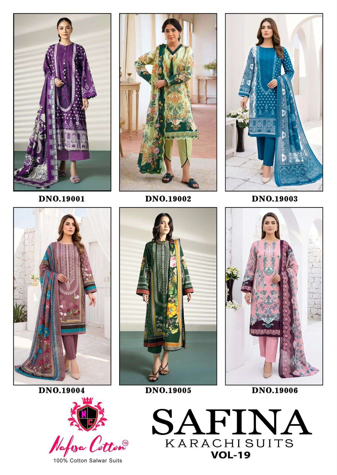 SAFINA KARACHI SUITS VOL - 19 BY NAFISHA COTTON - 01 - 06
